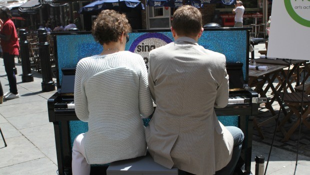 Liz Berger, president of the Alliance for Downtown New York, takes a chance to play 